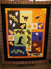 This adorable "HALLOWEEN" quilt designed and sewn by Jo Tracy featured our ghosts, jacko'lanterns and letter appliques, and used the die cutting service with the fabric she sent me; October. 2009