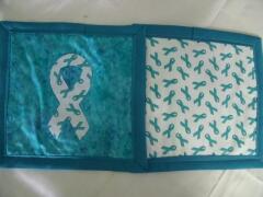 These are samples of the front & back of Breast Cancer potholders/hotpads designed by Carol Murphy, Sept. 2009; hte Ovarian Cancer awareness ribbon applique & the coordinating cancer fabric is available on the website.